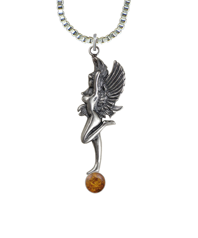 Sterling Silver Dancing Fairy Pendant With Amber